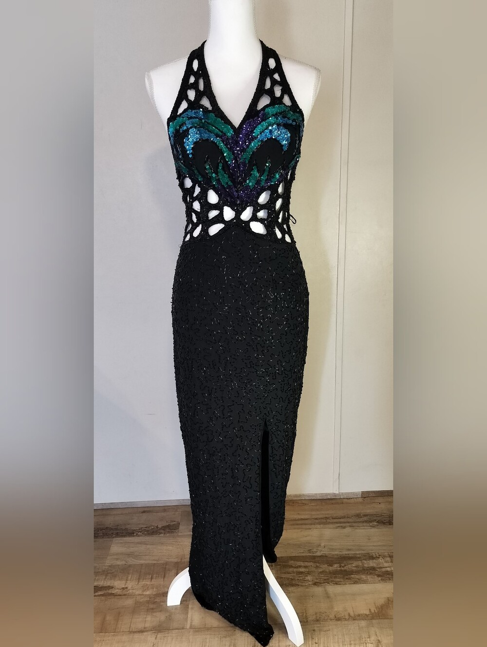 Sho Max Originals Black Halter Gown with Teal & Purple Sequin Accents